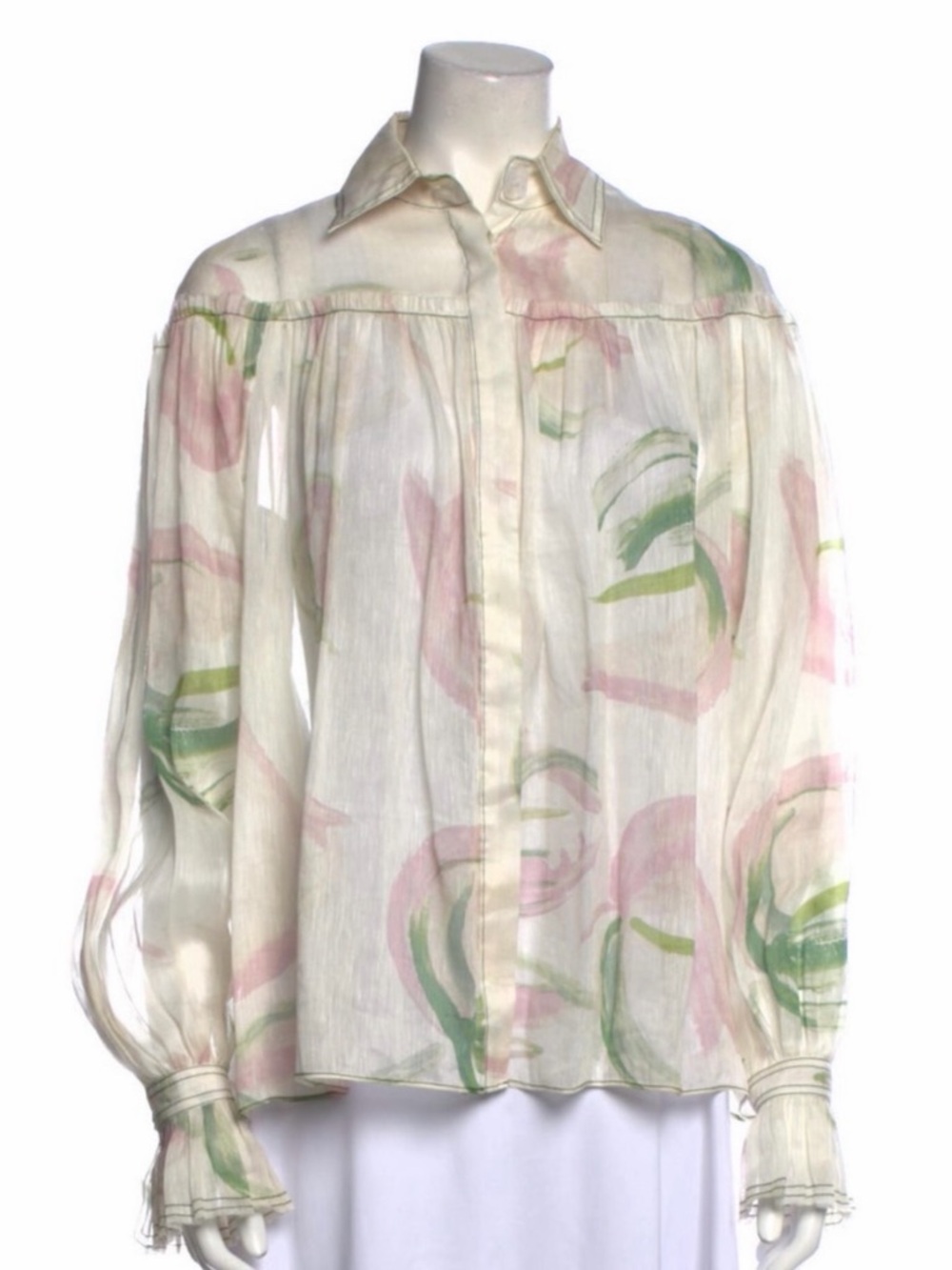 Zimmermann Sheer Painterly Floral Blouse in Cream, Pink & Green
